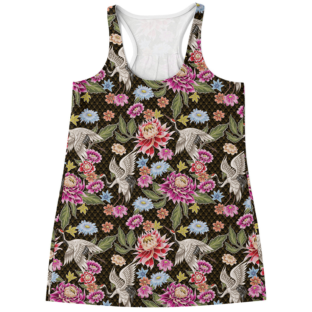 Asian Crane Bird Pattern Print Women's Racerback Tank Top