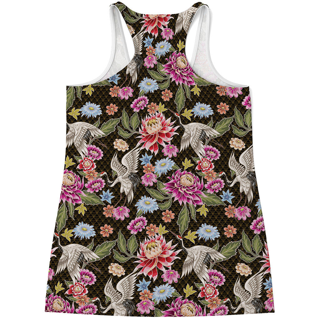 Asian Crane Bird Pattern Print Women's Racerback Tank Top