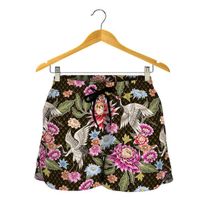 Asian Crane Bird Pattern Print Women's Shorts