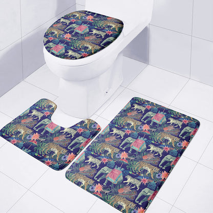Asian Elephant And Tiger Print 3 Piece Bath Mat Set