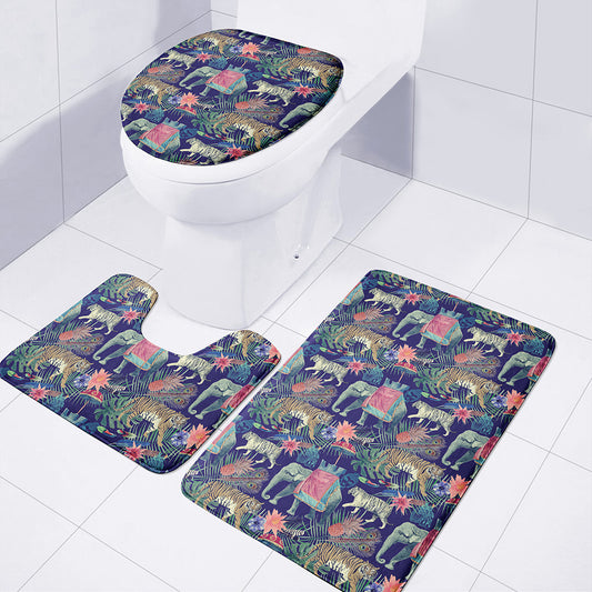 Asian Elephant And Tiger Print 3 Piece Bath Mat Set
