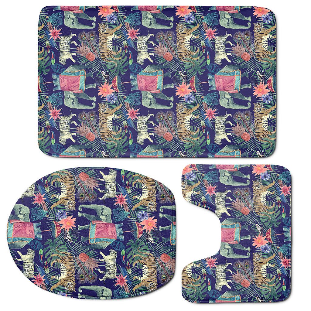 Asian Elephant And Tiger Print 3 Piece Bath Mat Set