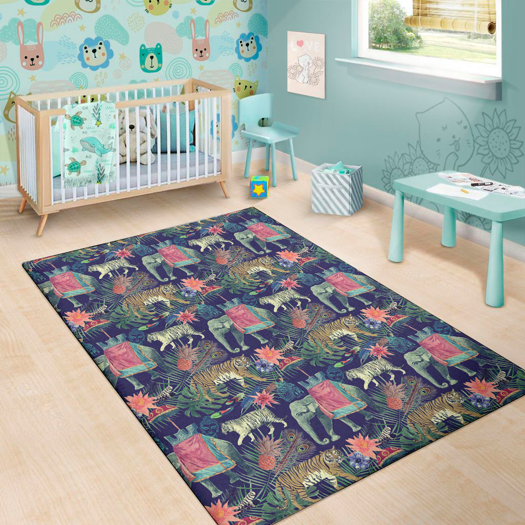 Asian Elephant And Tiger Print Area Rug