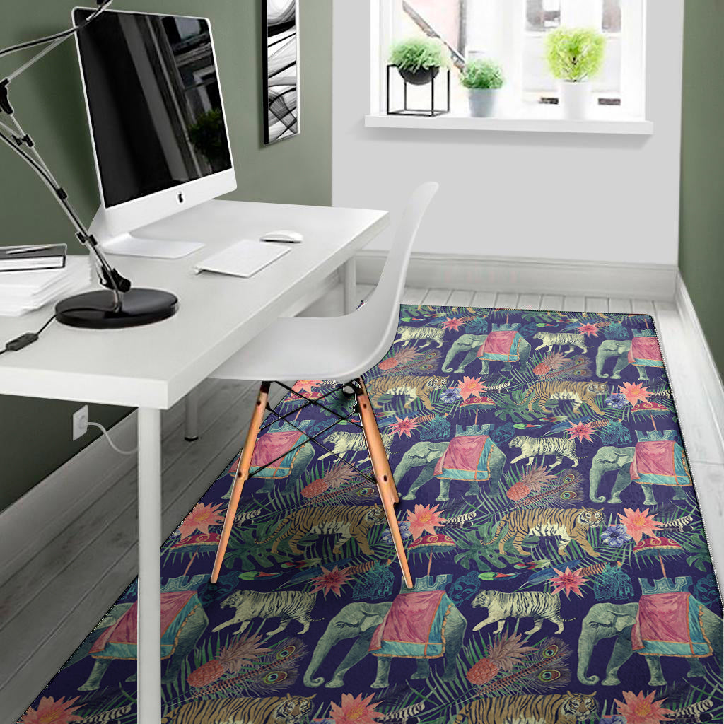 Asian Elephant And Tiger Print Area Rug