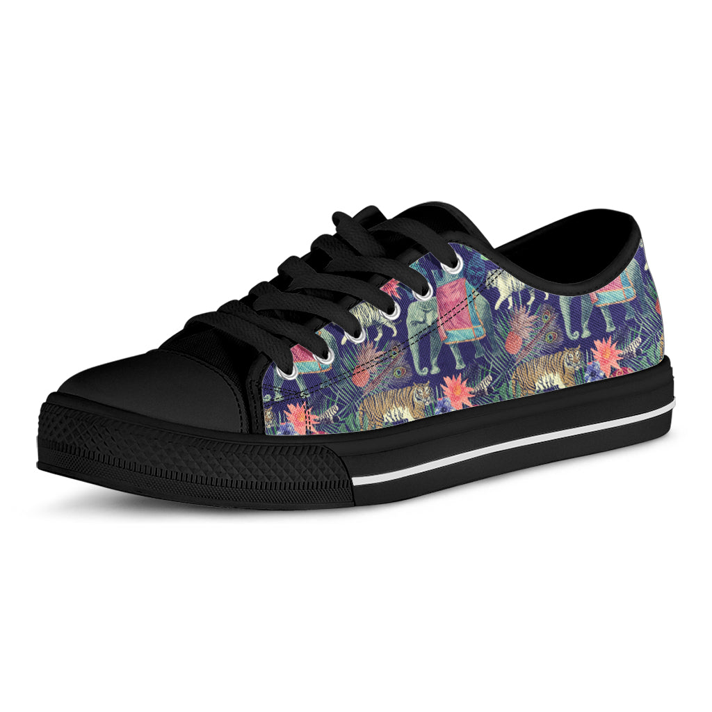 Asian Elephant And Tiger Print Black Low Top Shoes