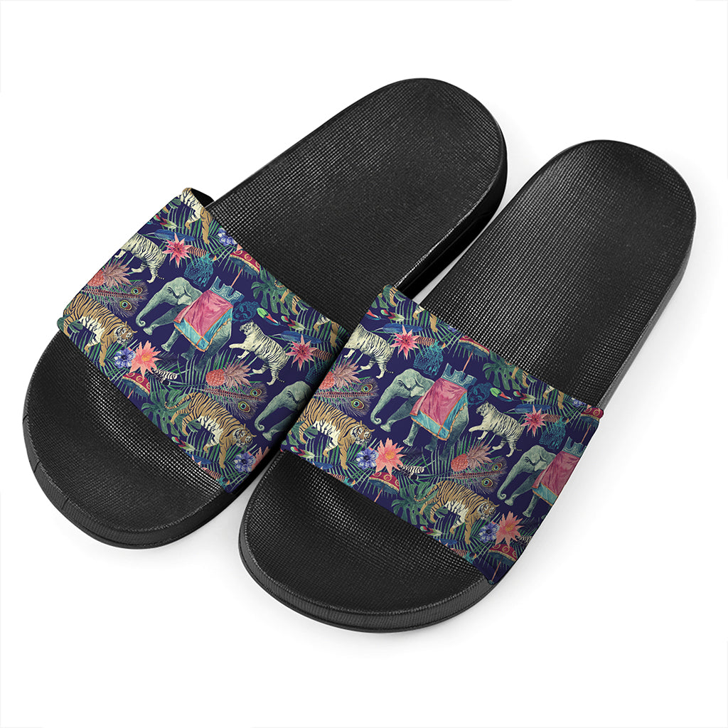 Asian Elephant And Tiger Print Black Slide Sandals