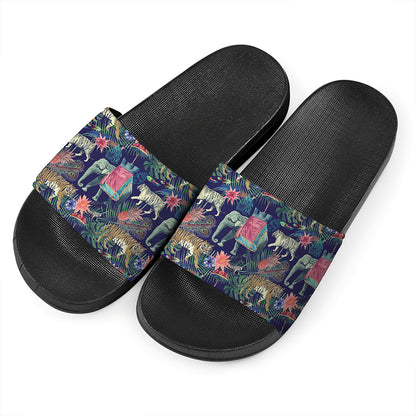 Asian Elephant And Tiger Print Black Slide Sandals