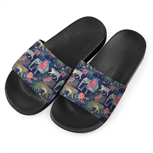 Asian Elephant And Tiger Print Black Slide Sandals