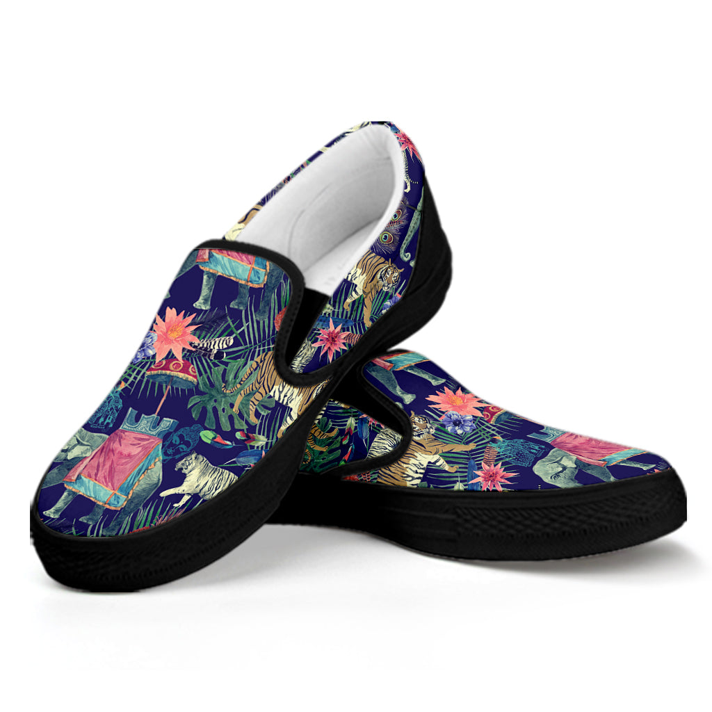 Asian Elephant And Tiger Print Black Slip On Shoes