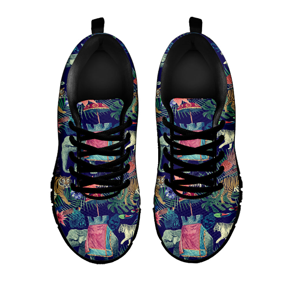 Asian Elephant And Tiger Print Black Sneakers