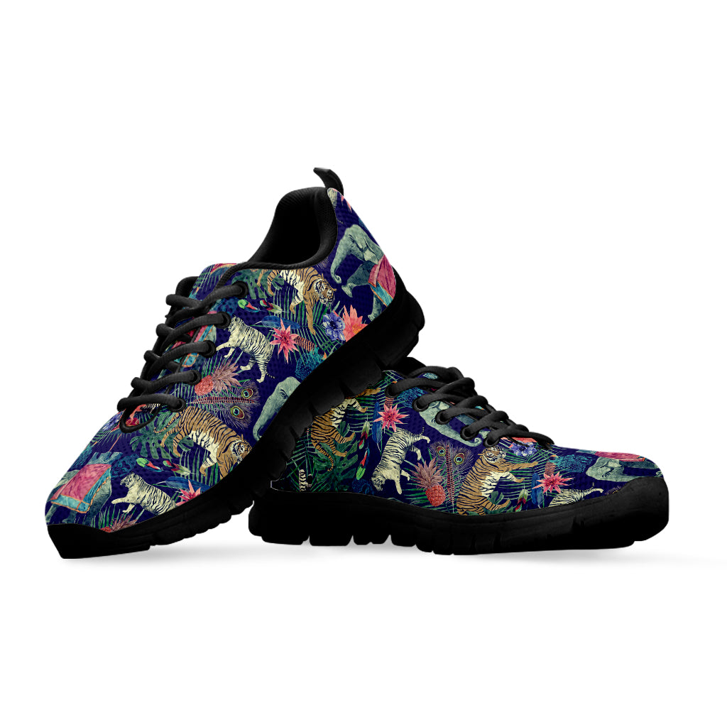Asian Elephant And Tiger Print Black Sneakers
