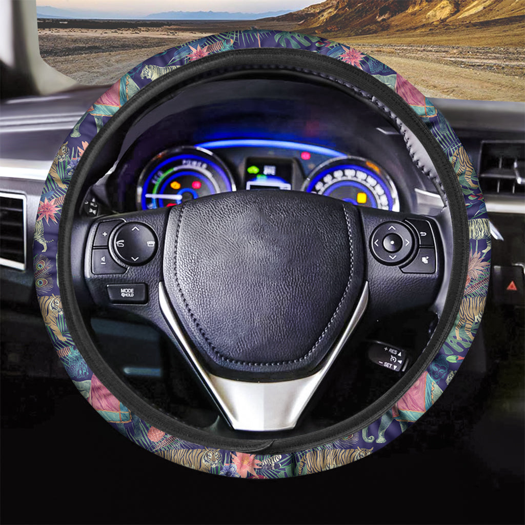 Asian Elephant And Tiger Print Car Steering Wheel Cover