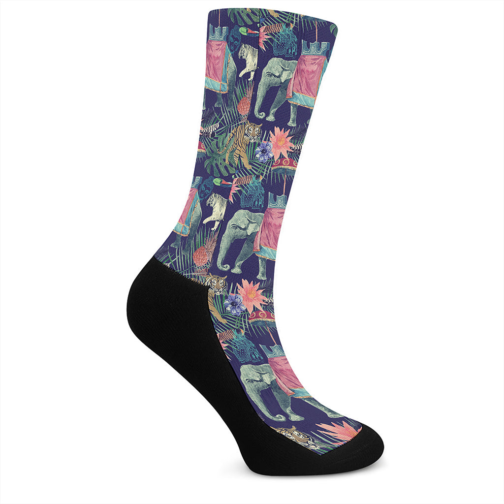 Asian Elephant And Tiger Print Crew Socks