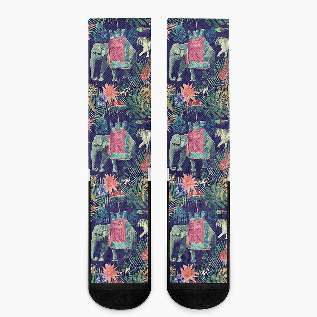 Asian Elephant And Tiger Print Crew Socks