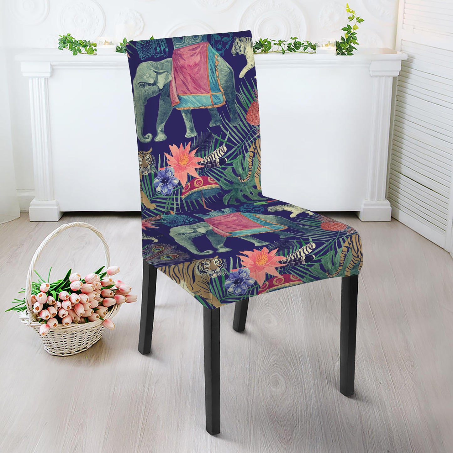 Asian Elephant And Tiger Print Dining Chair Slipcover