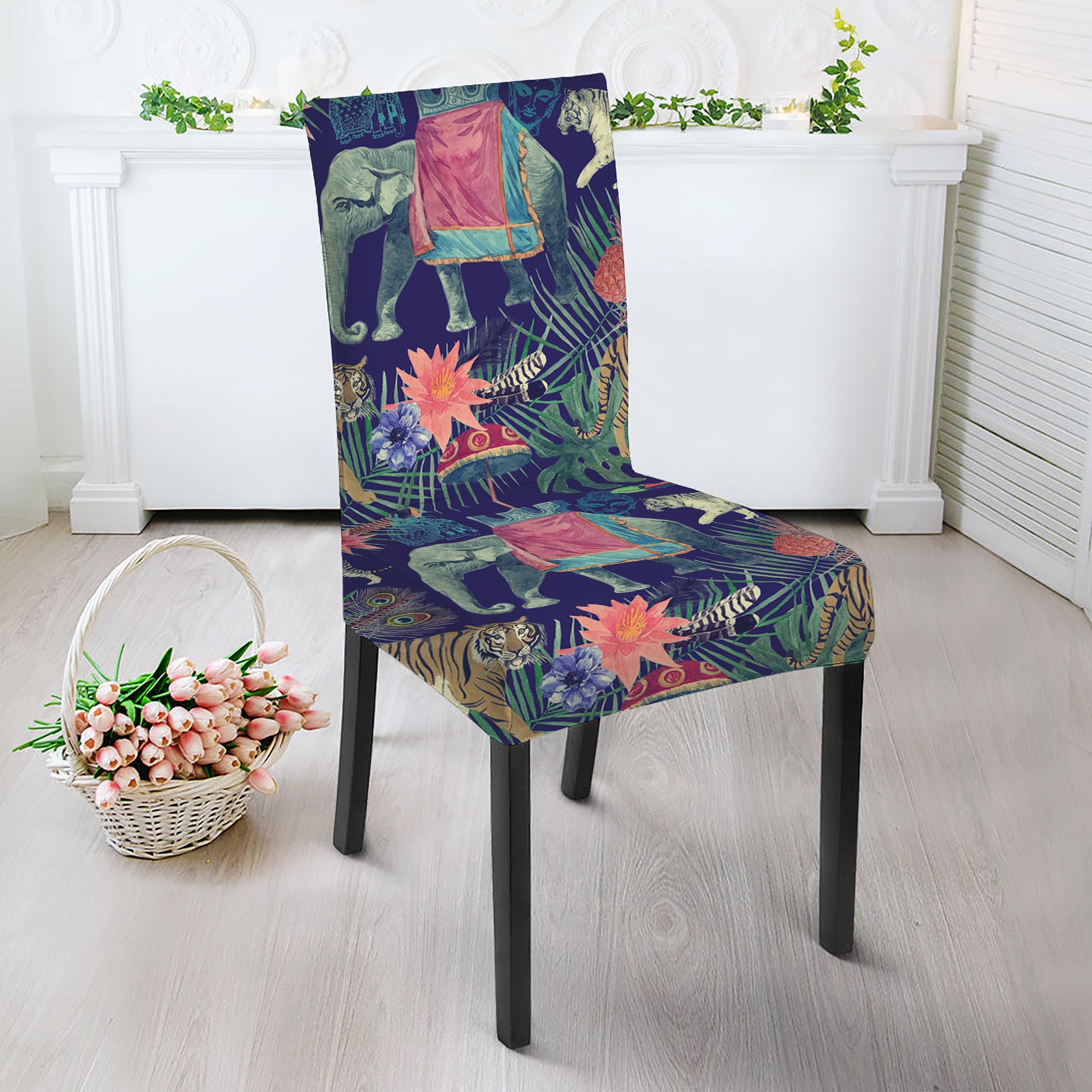 Asian Elephant And Tiger Print Dining Chair Slipcover