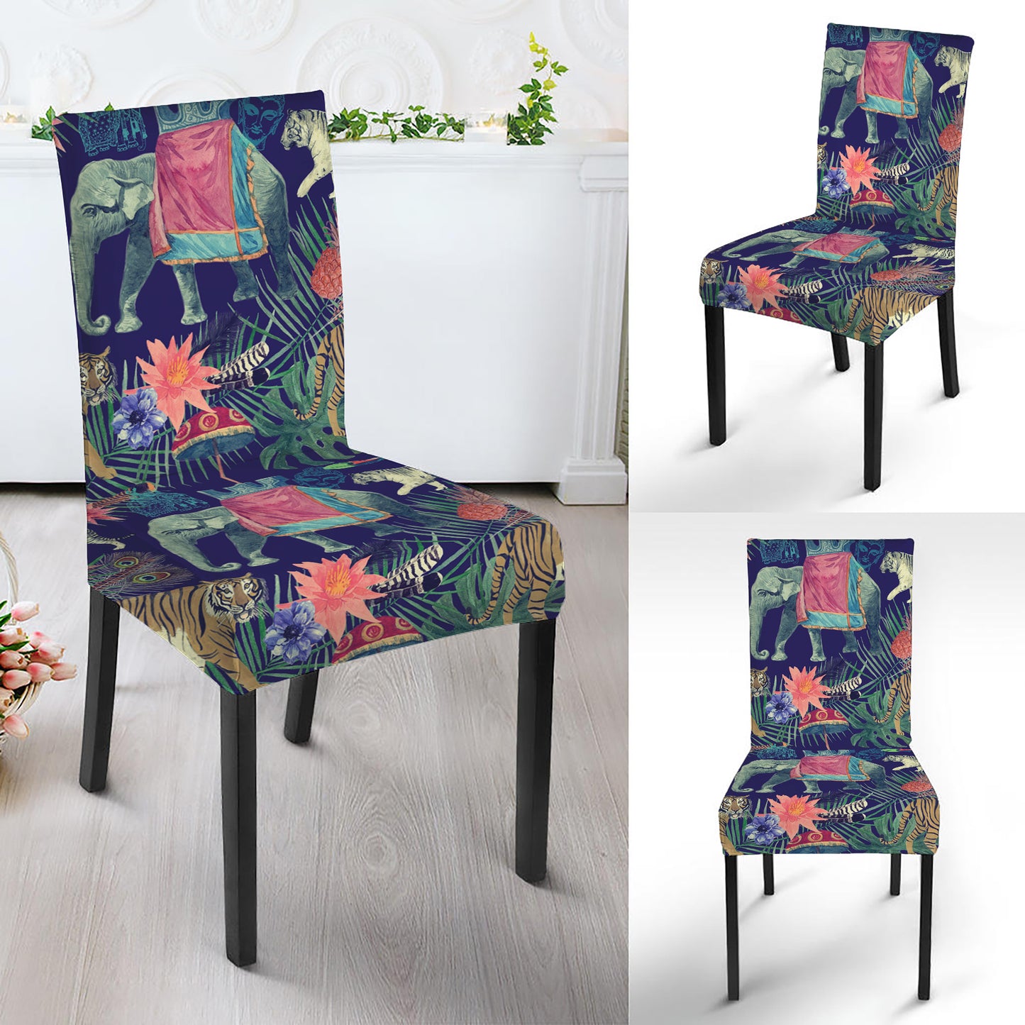 Asian Elephant And Tiger Print Dining Chair Slipcover
