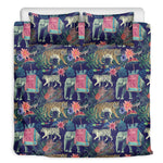 Asian Elephant And Tiger Print Duvet Cover Bedding Set