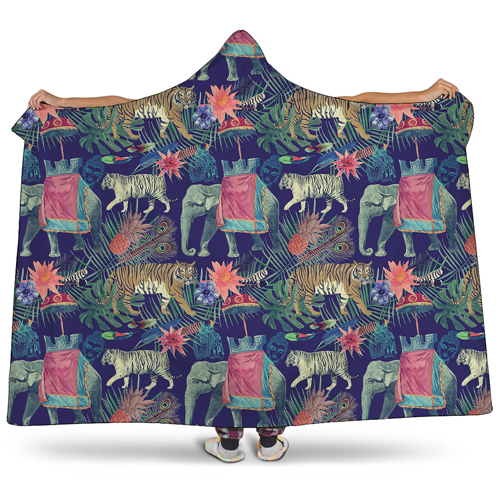 Asian Elephant And Tiger Print Hooded Blanket