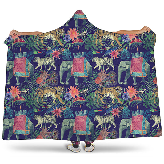 Asian Elephant And Tiger Print Hooded Blanket