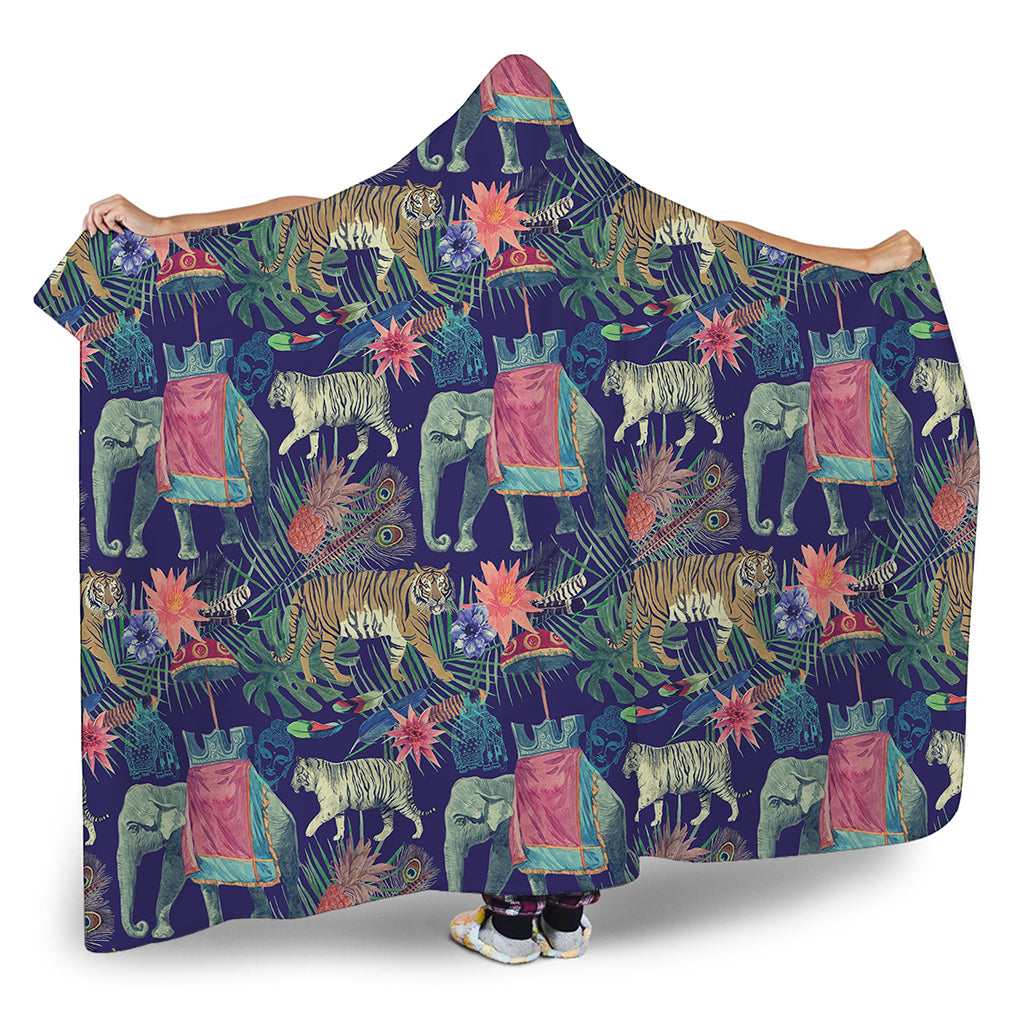 Asian Elephant And Tiger Print Hooded Blanket