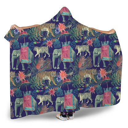 Asian Elephant And Tiger Print Hooded Blanket