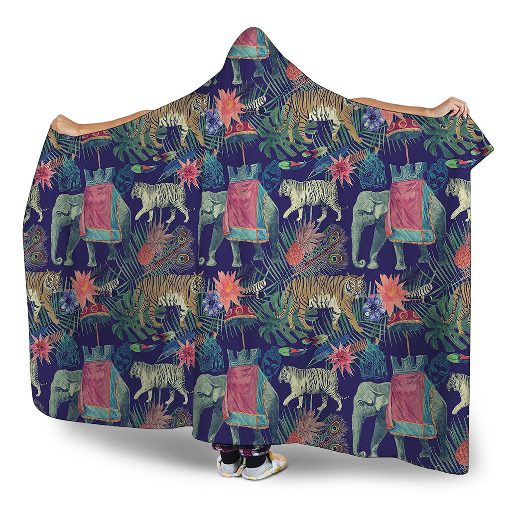 Asian Elephant And Tiger Print Hooded Blanket