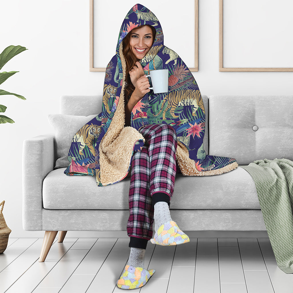 Asian Elephant And Tiger Print Hooded Blanket