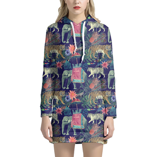 Asian Elephant And Tiger Print Hoodie Dress