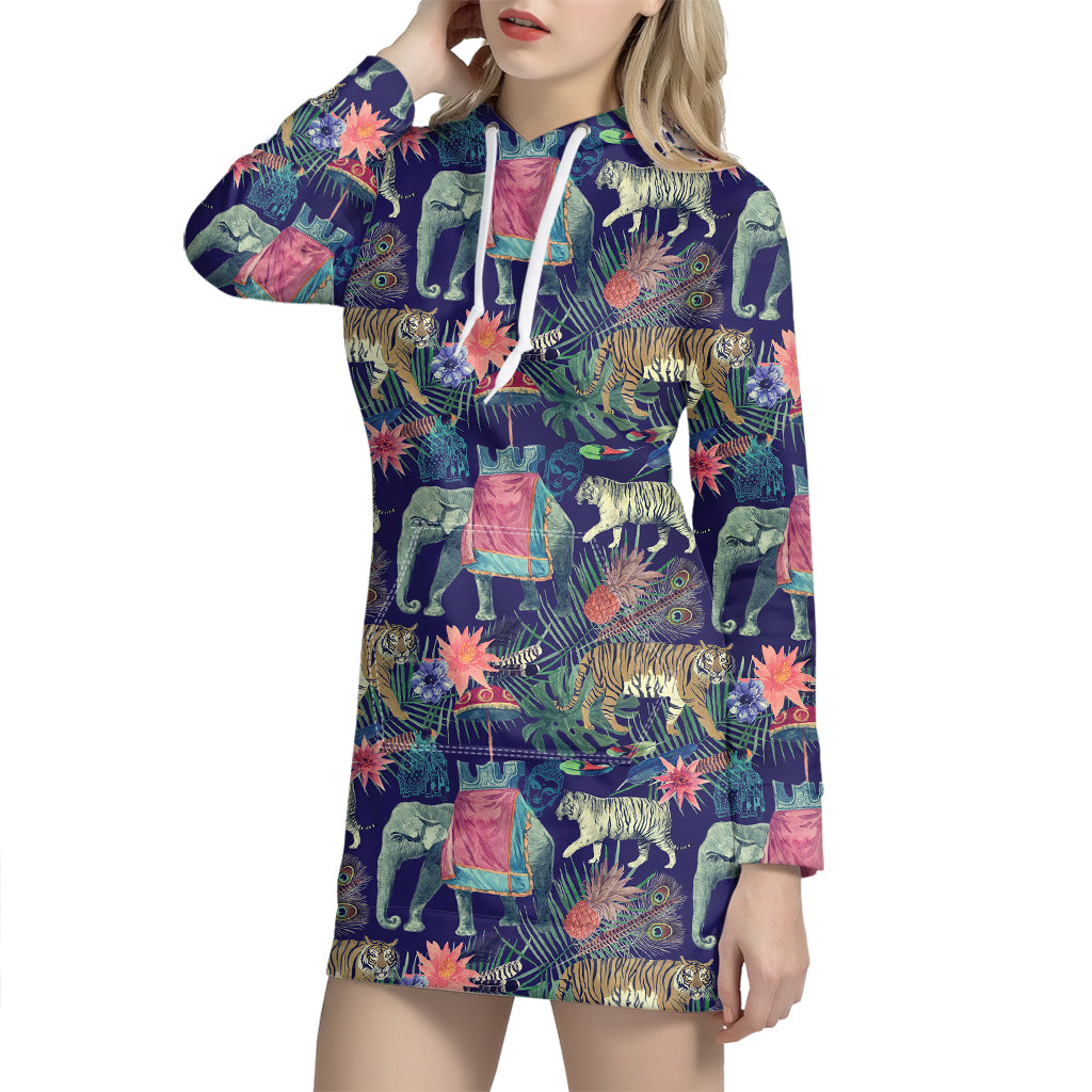 Asian Elephant And Tiger Print Hoodie Dress