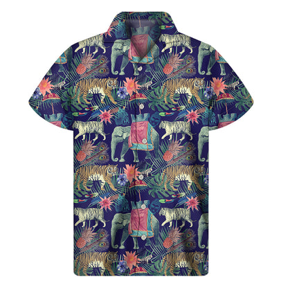 Asian Elephant And Tiger Print Men's Short Sleeve Shirt