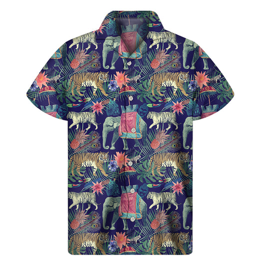 Asian Elephant And Tiger Print Men's Short Sleeve Shirt