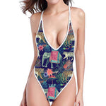 Asian Elephant And Tiger Print One Piece High Cut Swimsuit