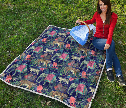 Asian Elephant And Tiger Print Quilt