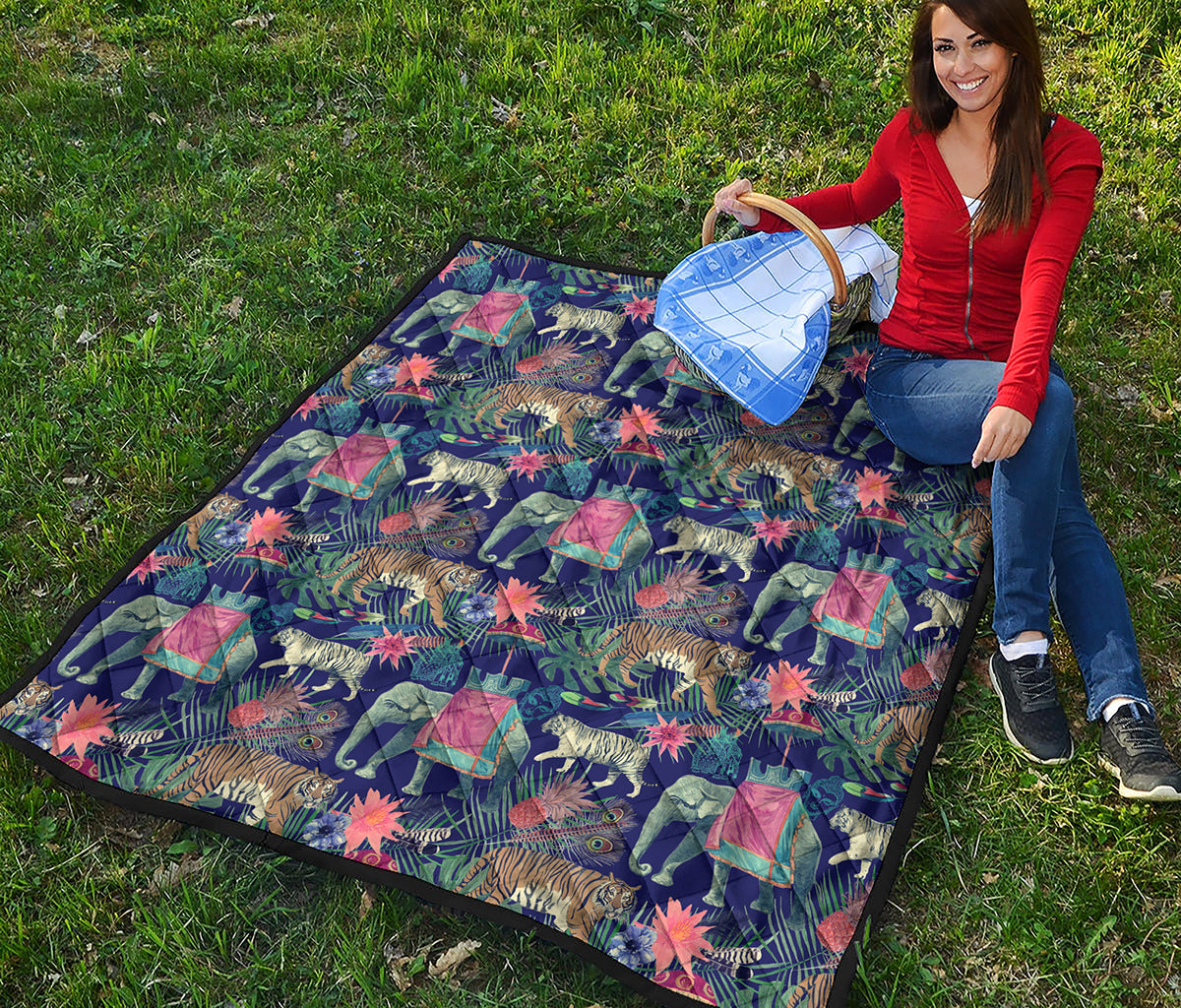Asian Elephant And Tiger Print Quilt