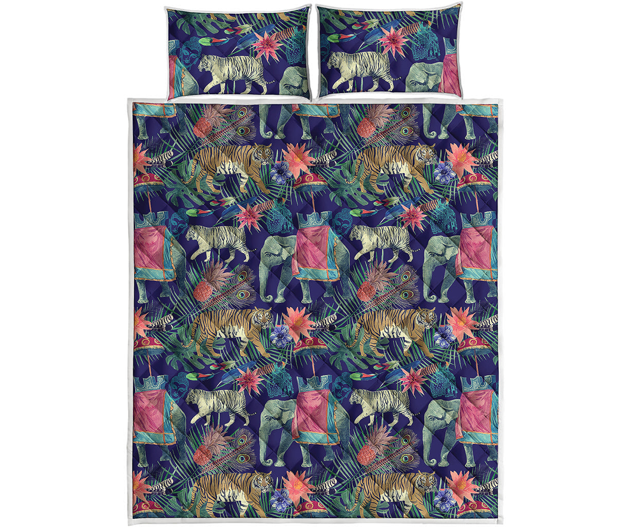 Asian Elephant And Tiger Print Quilt Bed Set