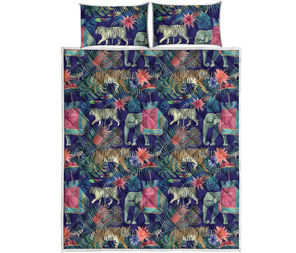 Asian Elephant And Tiger Print Quilt Bed Set