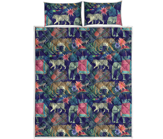 Asian Elephant And Tiger Print Quilt Bed Set