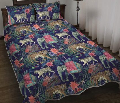 Asian Elephant And Tiger Print Quilt Bed Set