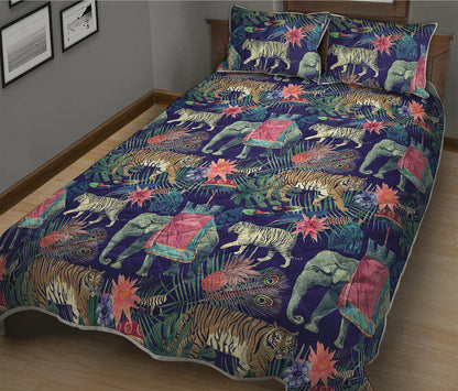 Asian Elephant And Tiger Print Quilt Bed Set