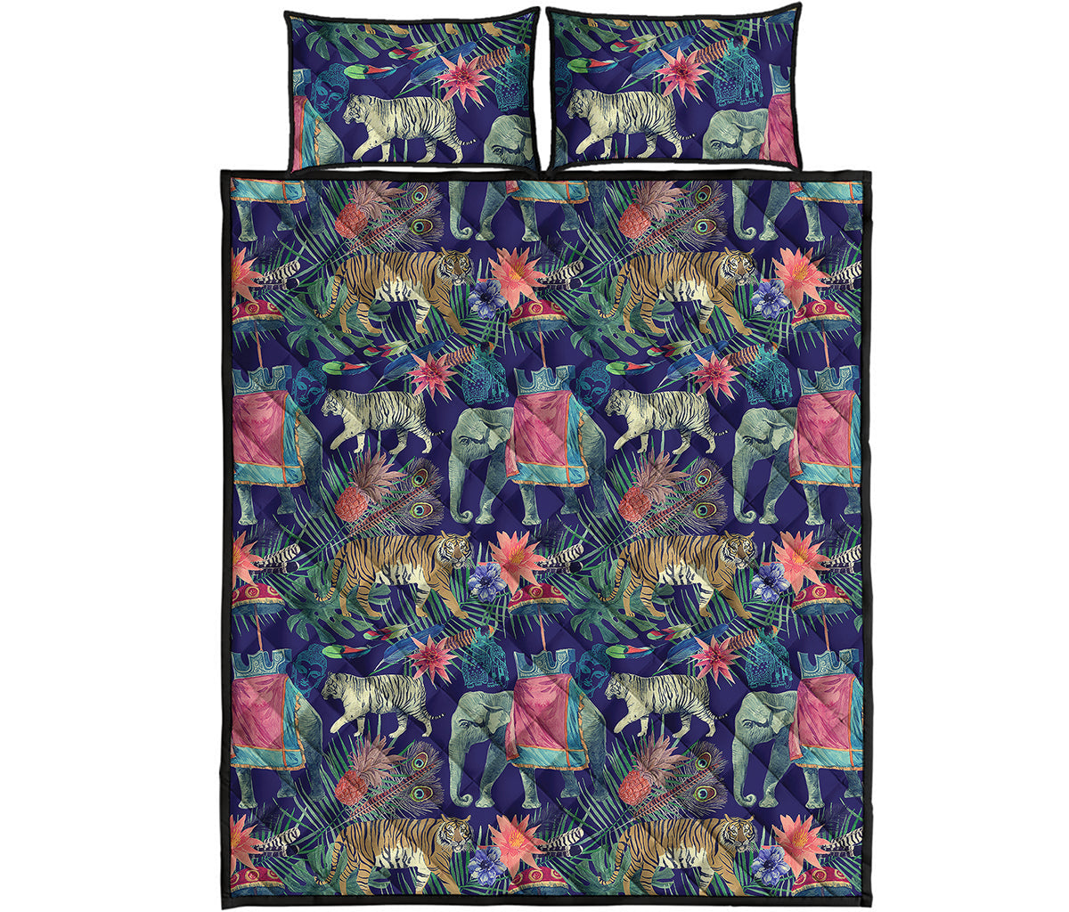 Asian Elephant And Tiger Print Quilt Bed Set