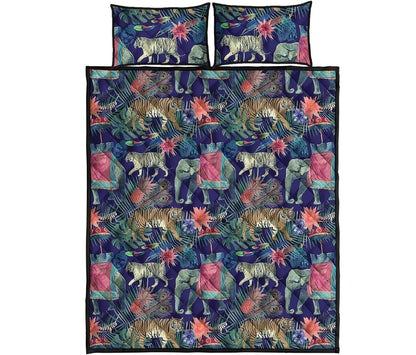 Asian Elephant And Tiger Print Quilt Bed Set