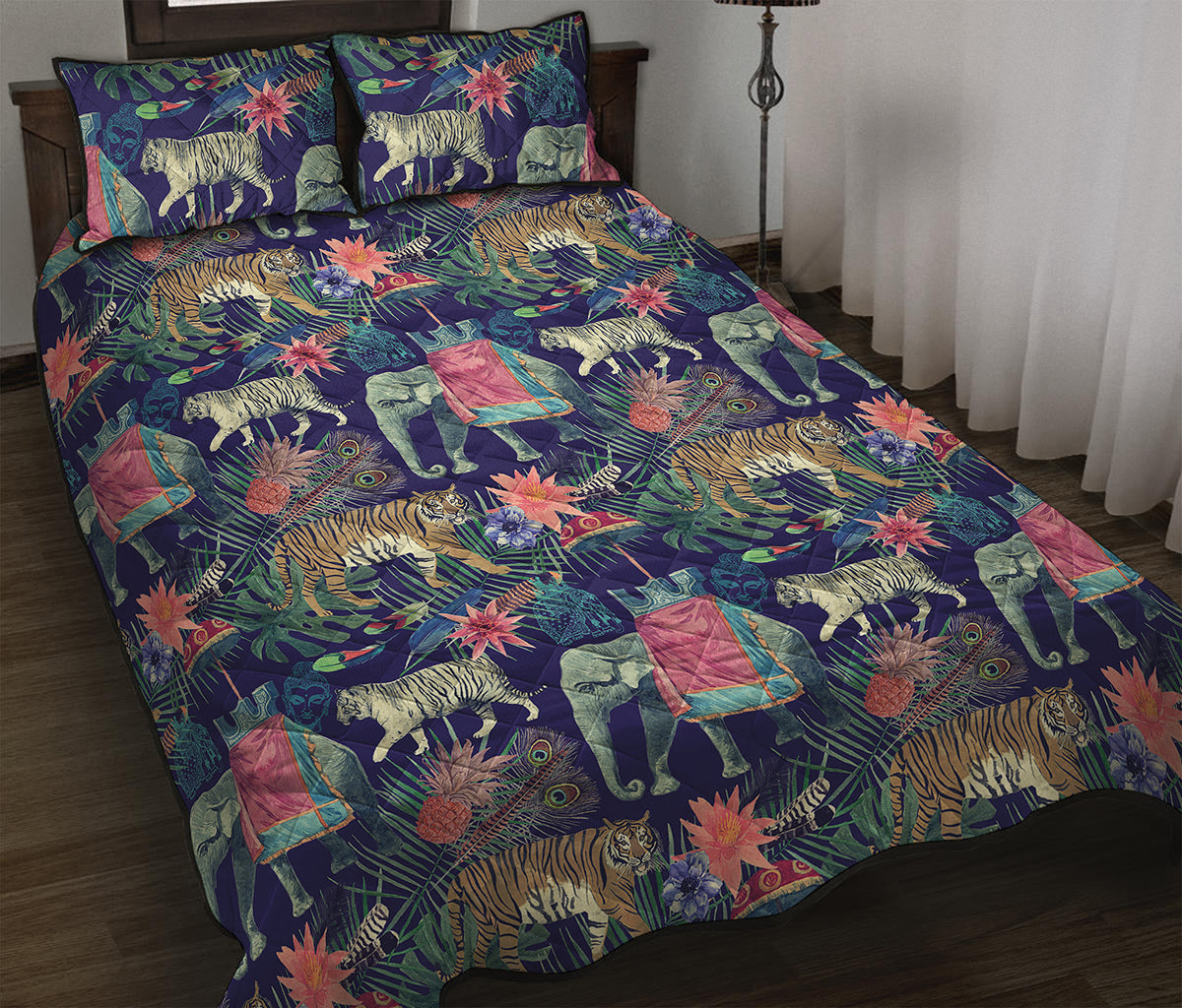 Asian Elephant And Tiger Print Quilt Bed Set