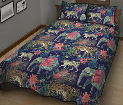 Asian Elephant And Tiger Print Quilt Bed Set