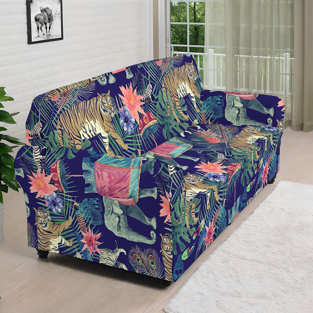 Asian Elephant And Tiger Print Sofa Cover