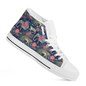 Asian Elephant And Tiger Print White High Top Shoes