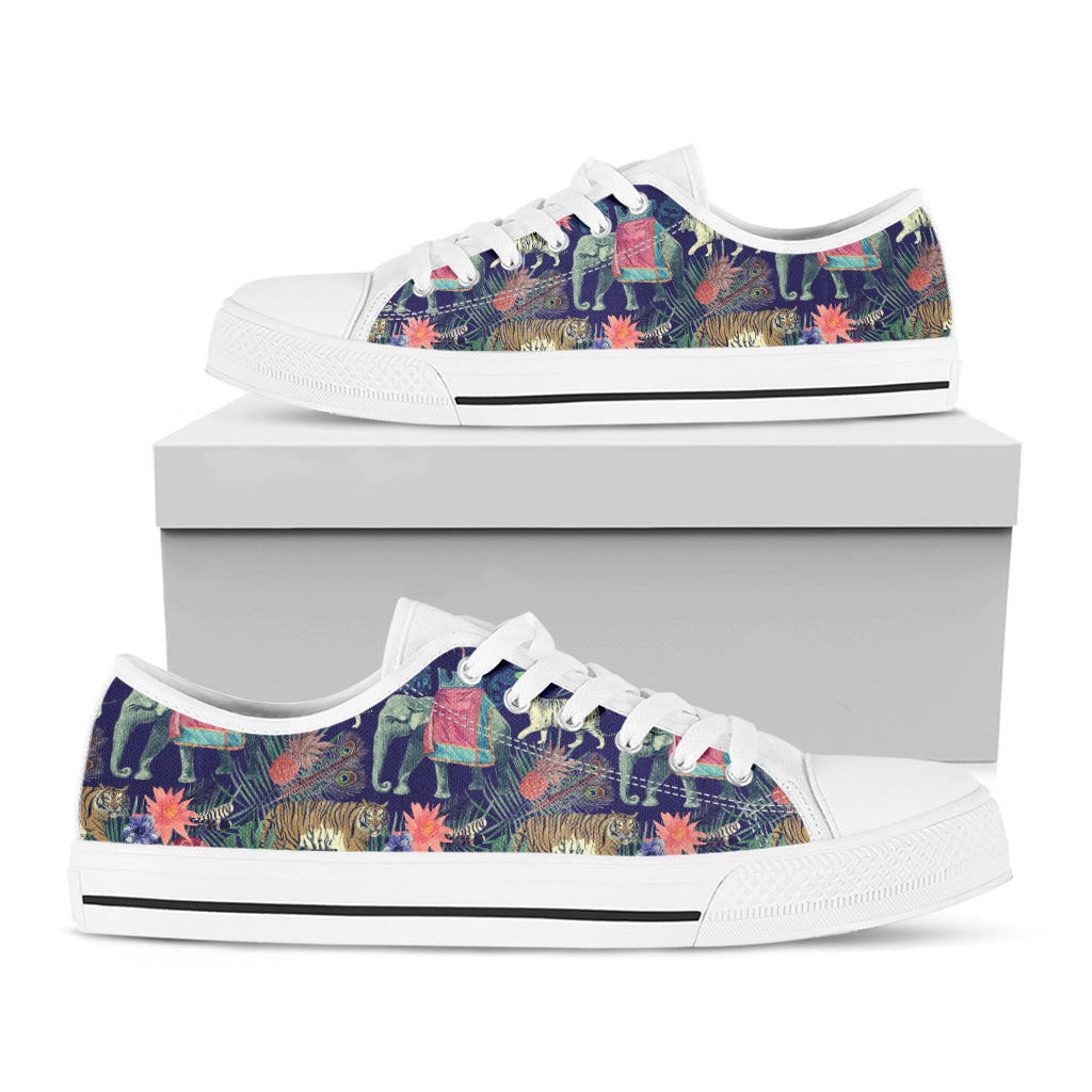 Asian Elephant And Tiger Print White Low Top Shoes