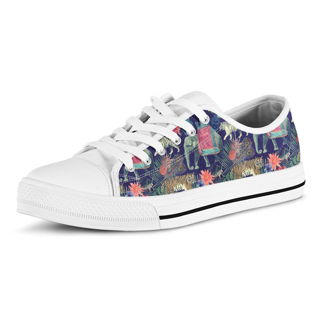 Asian Elephant And Tiger Print White Low Top Shoes