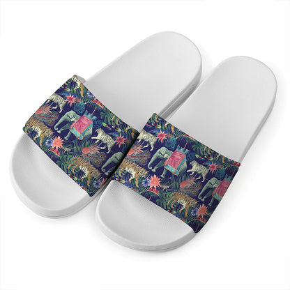 Asian Elephant And Tiger Print White Slide Sandals