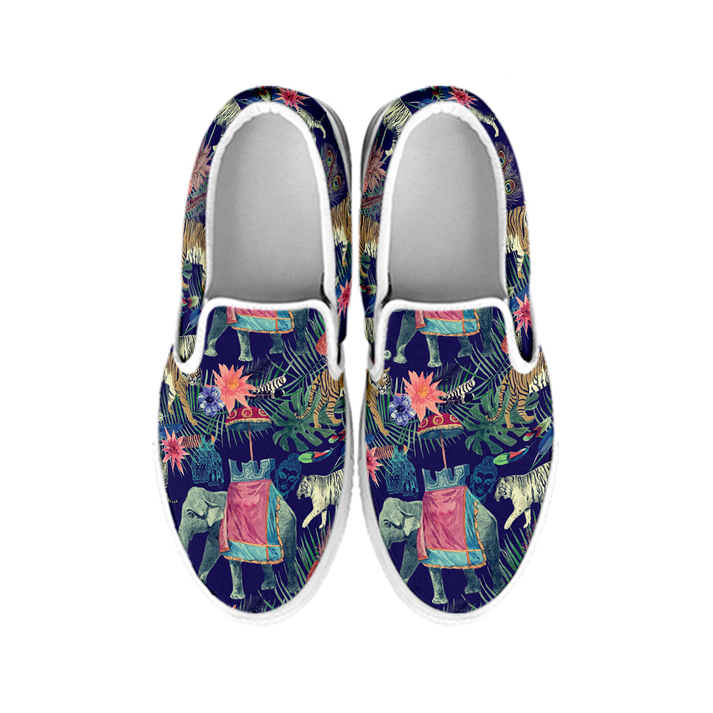 Asian Elephant And Tiger Print White Slip On Shoes